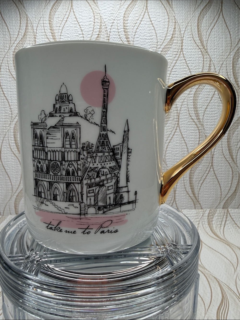 Ciroa Paris Sketch Porcelain Mug with Gold Handle - White & Pink